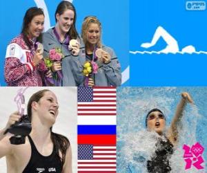 Puzzle Γυναικεία κολύμβηση 200 m αναπήδηση πόντιουμ, Missy Franklin (Ηνωμένες Πολιτείες), Αναστασία Zueva (Ρωσία) και Elizabeth Beisel (Ηνωμένων Πολιτειών) - London 2012-